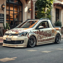 A lowered Volkswagen Saveiro in a soft creamy color, beautifully adorned with an eye-catching pattern that includes the word 'Chocolataria' in an artistic and stylish font