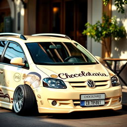 A lowered Volkswagen Saveiro in a soft creamy color, beautifully adorned with an eye-catching pattern that includes the word 'Chocolataria' in an artistic and stylish font