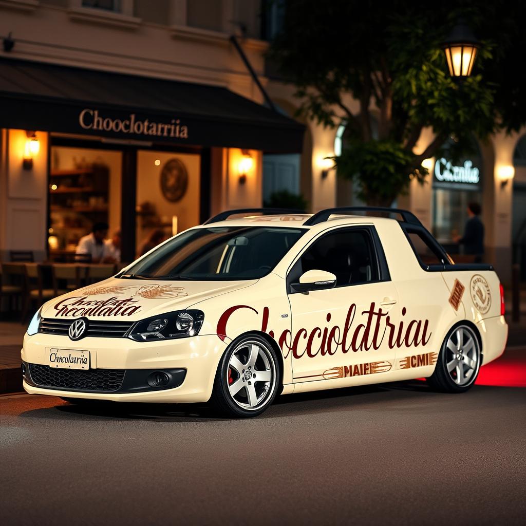 A lowered Volkswagen Saveiro in a soft creamy color, beautifully decorated with a striking pattern that prominently features the word 'Chocolataria' in an elegant and artistic font