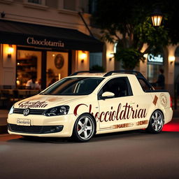 A lowered Volkswagen Saveiro in a soft creamy color, beautifully decorated with a striking pattern that prominently features the word 'Chocolataria' in an elegant and artistic font