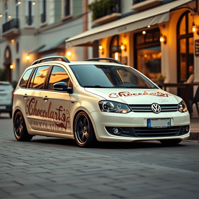 A lowered Volkswagen Saveiro in a soft creamy color, beautifully decorated with a striking pattern that prominently features the word 'Chocolataria' in an elegant and artistic font