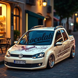 A lowered Volkswagen Saveiro in a soft creamy color, beautifully decorated with a striking pattern that prominently features the word 'Chocolataria' in an elegant and artistic font