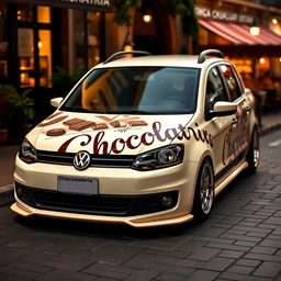 A lowered Volkswagen Saveiro in a soft creamy color, beautifully decorated with a striking pattern that prominently features the word 'Chocolataria' in an elegant and artistic font