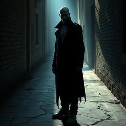 A hyper-realistic horror-themed image of a faceless man standing in a dimly lit, eerie alleyway