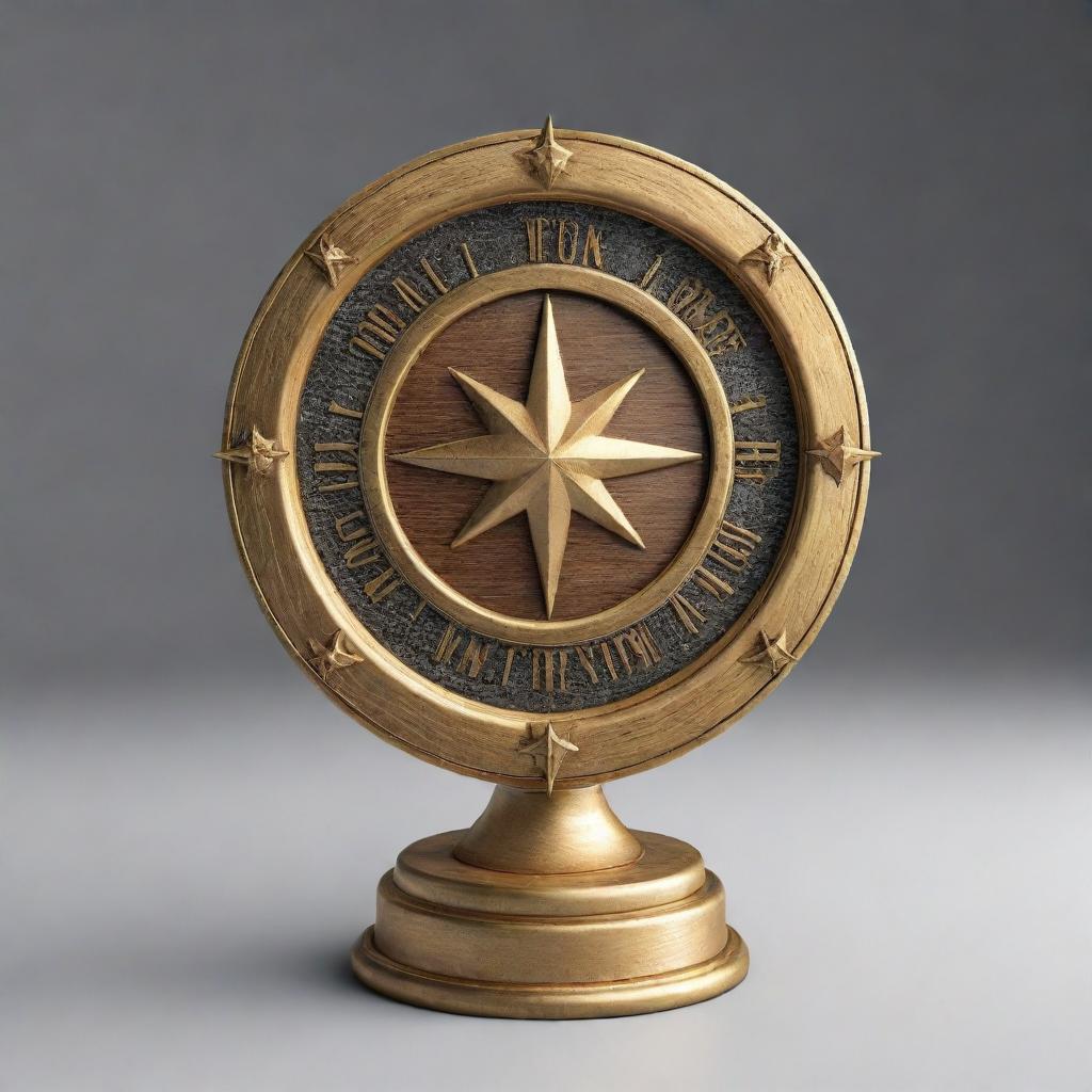 Design an image of a cylindrical soccer championship trophy, topped with a compass rose symbol.