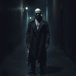 A hyper-realistic horror-themed image of a faceless man standing in a dimly lit, eerie alleyway