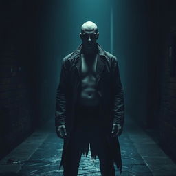 A hyper-realistic horror-themed image of a faceless man standing in a dimly lit, eerie alleyway