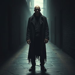 A hyper-realistic horror-themed image of a faceless man standing in a dimly lit, eerie alleyway