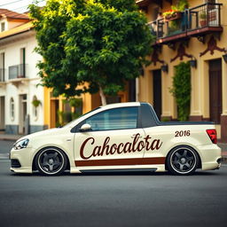 A side view of a lowered Volkswagen Saveiro in a soft creamy color, prominently displaying its sleek and modified profile