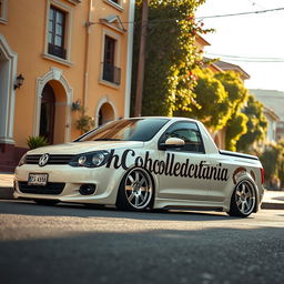 A side view of a lowered Volkswagen Saveiro in a soft creamy color, prominently displaying its sleek and modified profile