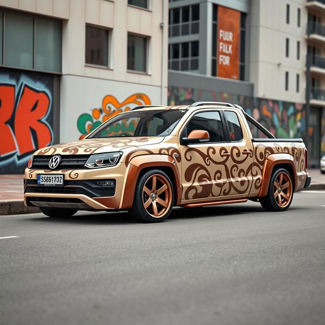 A beautifully styled, very lowered Volkswagen Saveiro in a creamy color with a chocolate-themed pattern