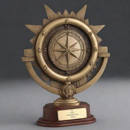 Design an image of a cylindrical soccer championship trophy, topped with a compass rose symbol.