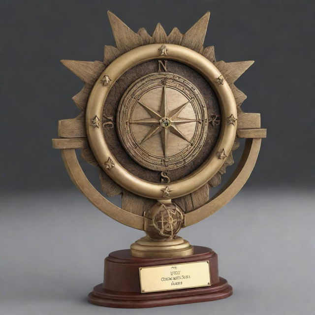 Design an image of a cylindrical soccer championship trophy, topped with a compass rose symbol.