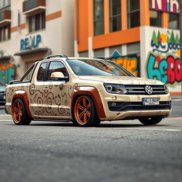 A beautifully styled, very lowered Volkswagen Saveiro in a creamy color with a chocolate-themed pattern