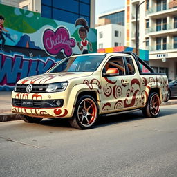 A beautifully styled, very lowered Volkswagen Saveiro in a creamy color with a chocolate-themed pattern