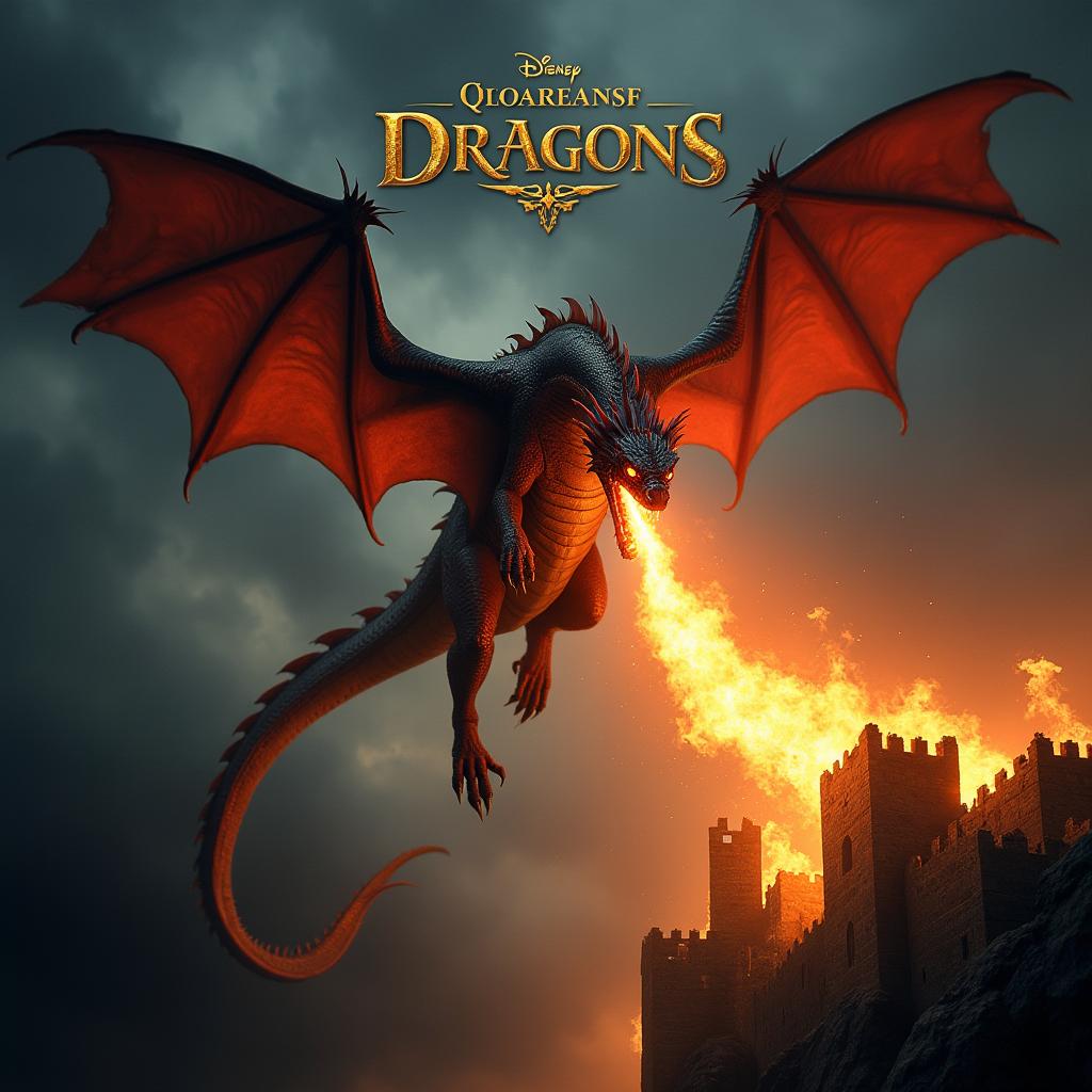 A dramatic movie poster featuring a majestic fire-breathing dragon soaring through a dark, cloudy sky