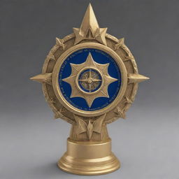 Design an image of a cylindrical soccer championship trophy, topped with a compass rose symbol.