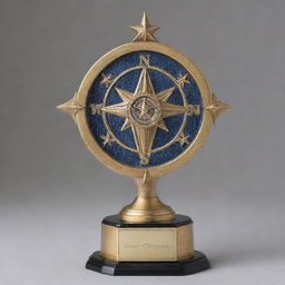 Design an image of a cylindrical soccer championship trophy, topped with a compass rose symbol.