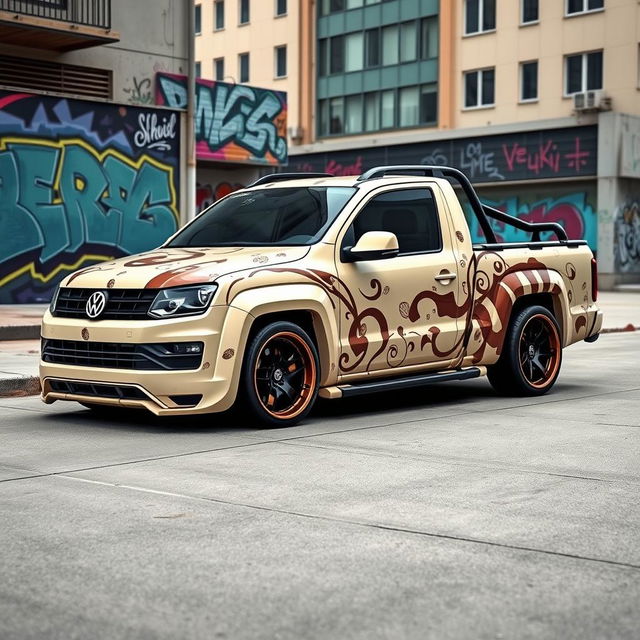 A stunning, extremely lowered Volkswagen Saveiro in a creamy color, adorned with a chocolate-themed pattern