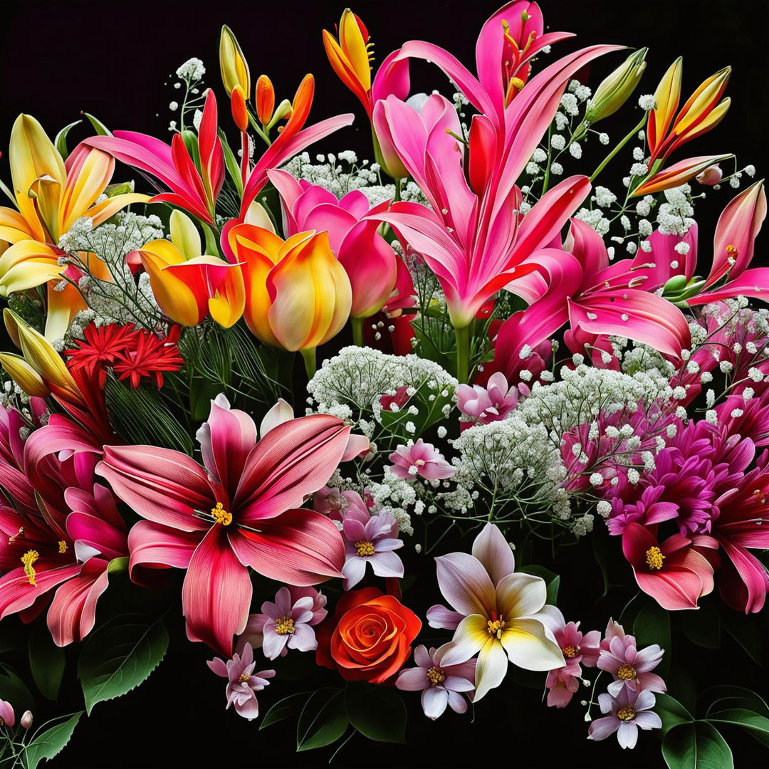 Vibrant array of blooming flowers in various colors captured in a detailed stock image.