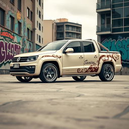 A stunning, extremely lowered Volkswagen Saveiro in a creamy color, adorned with a chocolate-themed pattern