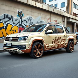 A striking Volkswagen Saveiro G4, extremely lowered, painted in a creamy color and featuring an intricate chocolate-themed design