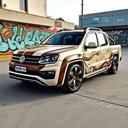 A striking Volkswagen Saveiro G4, extremely lowered, painted in a creamy color and featuring an intricate chocolate-themed design