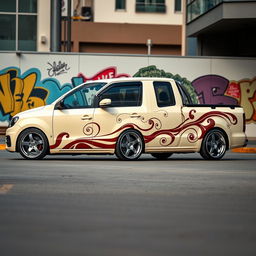 A striking Volkswagen Saveiro G4, extremely lowered, painted in a creamy color and featuring an intricate chocolate-themed design