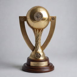 Create an image of a long cylindrical soccer championship trophy, on par with the size of the World Cup trophy, adorned with a compass rose symbol on the top.