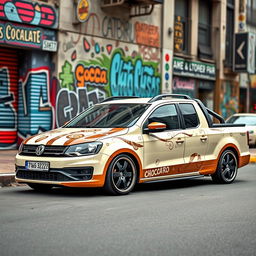 A stylishly lowered Volkswagen Saveiro in a creamy color, adorned with a chocolate-themed pattern