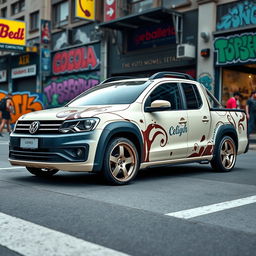 A stylishly lowered Volkswagen Saveiro in a creamy color, adorned with a chocolate-themed pattern