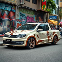 A stylishly lowered Volkswagen Saveiro in a creamy color, adorned with a chocolate-themed pattern