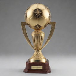 Create an image of a long cylindrical soccer championship trophy, on par with the size of the World Cup trophy, adorned with a compass rose symbol on the top.