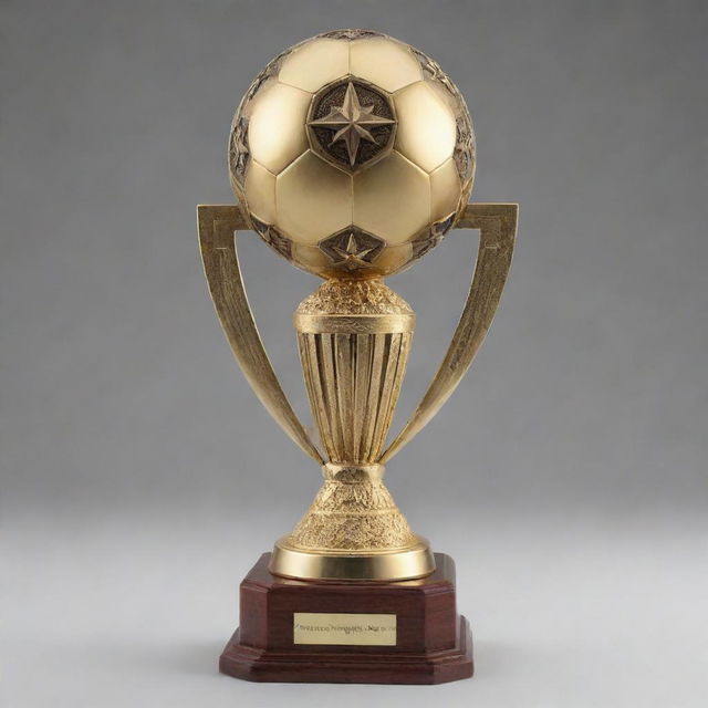 Create an image of a long cylindrical soccer championship trophy, on par with the size of the World Cup trophy, adorned with a compass rose symbol on the top.