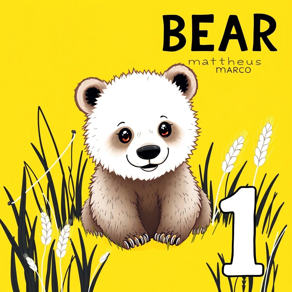 An adorable illustration of a completely white-painted brown bear cub with black eyes, set against a vibrant yellow background