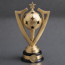 Create an image of a long cylindrical soccer championship trophy, on par with the size of the World Cup trophy, adorned with a compass rose symbol on the top.