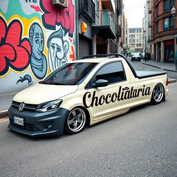 A beautifully lowered Volkswagen Saveiro in a creamy color, featuring a striking design with the word 'Chocolataria' prominently displayed across its sides