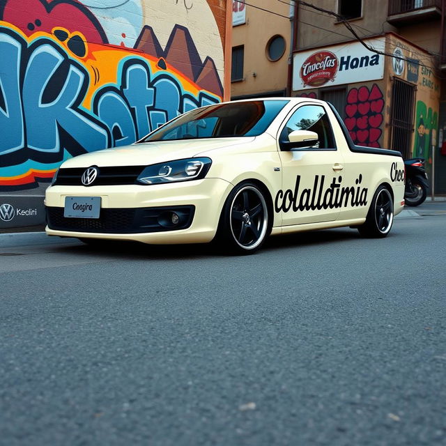 A beautifully lowered Volkswagen Saveiro in a creamy color, featuring a striking design with the word 'Chocolataria' prominently displayed across its sides