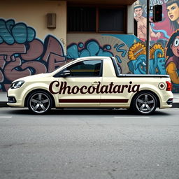 A beautifully lowered Volkswagen Saveiro in a creamy color, featuring a striking design with the word 'Chocolataria' prominently displayed across its sides