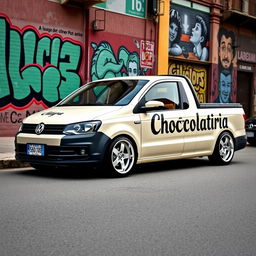 A beautifully lowered Volkswagen Saveiro in a creamy color, featuring a striking design with the word 'Chocolataria' prominently displayed across its sides