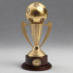 Create an image of a long cylindrical soccer championship trophy, on par with the size of the World Cup trophy, adorned with a compass rose symbol on the top.