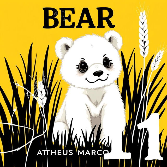 An adorable illustration of a completely white-painted brown bear cub with black eyes, set against a vibrant yellow background