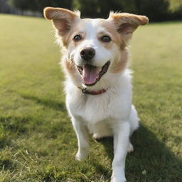 A playful and happy dog with a shiny coat and bright eyes, enjoying a sunny day in a grassy park.