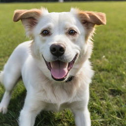 A playful and happy dog with a shiny coat and bright eyes, enjoying a sunny day in a grassy park.