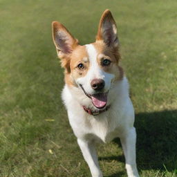 A playful and happy dog with a shiny coat and bright eyes, enjoying a sunny day in a grassy park.