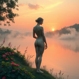 A serene and ethereal landscape depicting a nude figure standing gracefully by a tranquil lake surrounded by lush, vibrant flora