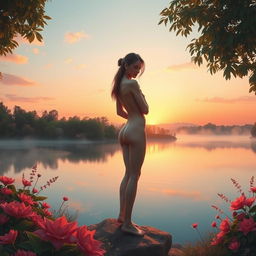 A serene and ethereal landscape depicting a nude figure standing gracefully by a tranquil lake surrounded by lush, vibrant flora