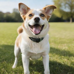 A playful and happy dog with a shiny coat and bright eyes, enjoying a sunny day in a grassy park.