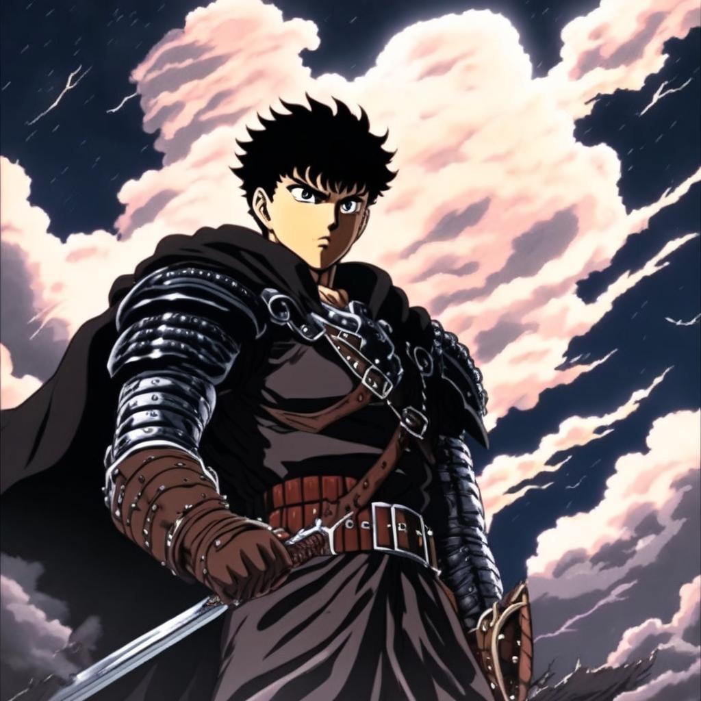 Anime profile picture of Guts from 'Berserk' in his Black Swordsman attire with his mechanical prosthetic arm and Dragon Slayer sword against a stormy night sky.