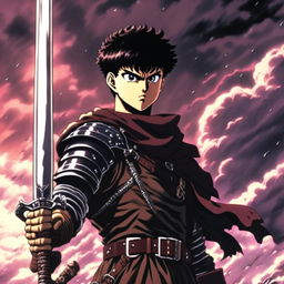 Anime profile picture of Guts from 'Berserk' in his Black Swordsman attire with his mechanical prosthetic arm and Dragon Slayer sword against a stormy night sky.